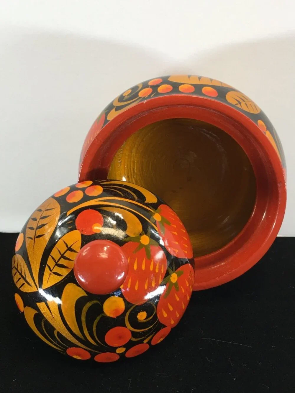 Vintage Russian Khokhloma Lacquered Wood Jar with Lid Painted Red Black